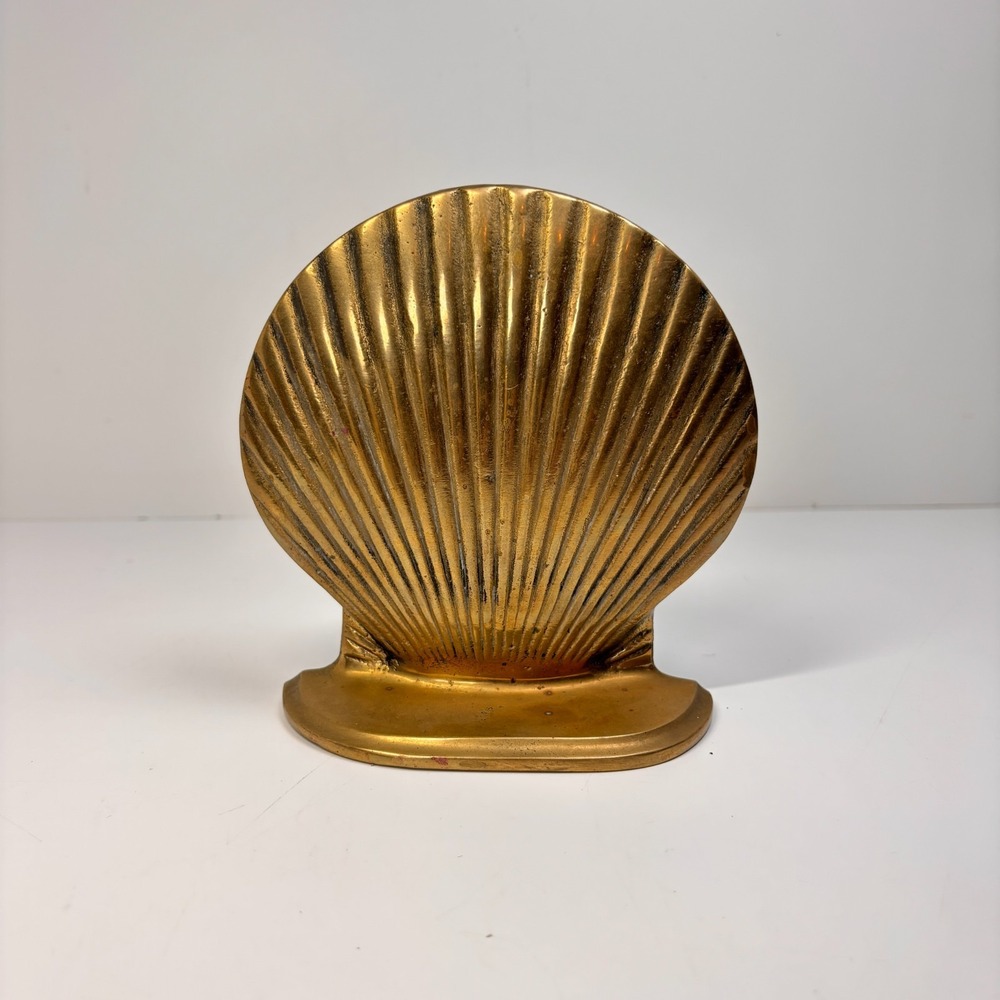 Brass Clam Shell Bookend Vintage Enesco Taiwan Nautical Beach House Decor 6" VTG